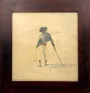 (П) Неизвестный художник - Погонщик скота. Бумага, акварель. 34 х 33,5 см по раме; 25 х 24, 5 ...