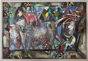 (П) Брусиловский Миша Шаевич (1931-2016) - Прогулка 2000 г. Картон акрил, аппликация. 41 х 66 ...