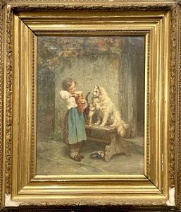 Диффенбах Антон Генрих (1831 - 1914) Девочка с булкой хлеба и питомцами. XIX век.