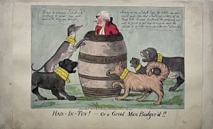 Уильям Холланд (1757–1815) издатель; Перси Роберт (Piercy Roberts; работал 1795 - 1824) издатель [Карикатура на вторжение Наполеона в Англию] Карикатура: «Little ships or John Bull very inquisitive» на обороте: «Had-in-tun – or a great man badger’d!!»