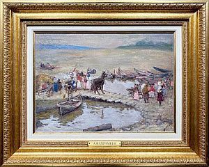 (М) Вахрамеев Александр Иванович (1874-1926) - Переправа на Волге. Холст на картоне, масло. 21 ...