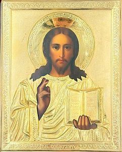 (П)* Кузнецов Емельян - мастер - Икона "Господь Вседержитель" в серебряном окладе с меандром. ...