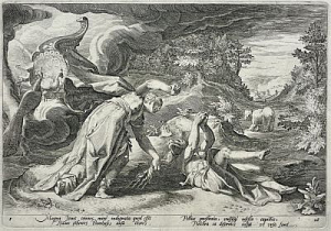 Гольциус Генрих - Goltzius Hendrick (1558-1617) Миф о Каллисто, лист 3 -5: Разгневанная Гера, жена Зевса, вцепляется Каллисто в волосы и превращает ее в медведицу. По рисунку Хендрика Гольциуса (1590) из серии Метаморфозы Овидия, л. 28 (л. 8 второй папки)