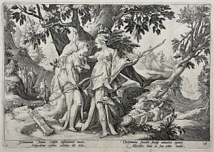 Гольциус Генрих - Goltzius Hendrick (1558-1617) Миф о Каллисто: Зевс в образе Дианы совращает нимфу Каллисто. По рисунку Хендрика Гольциуса (1590) из серии Метаморфозы Овидия, л. 26 (л. 6 второй папки)Автор оригинального рисунка: Hendrik Goltzius (1558, B