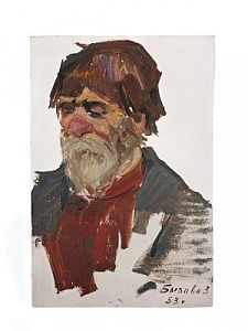 (П) Бызова Злата Николаевна (1927 — 2013) - Мужик в карминовой рубахе. 1953 г. Картон, масло. ...