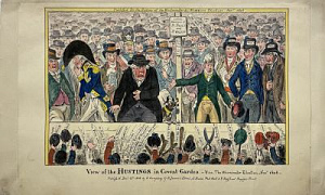Уильям Холланд (1757–1815) издатель; Хамфри Ханна (1745 - 1818) издатель [Карикатуры на английскую политику начала XIX века] Две карикатуры на одном листе: "A new state coach setting on the first journey" и "View of the Hustings in Covent Garden"