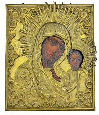 (П) [Без резерва] Икона "Богородица" в металлическом окладе. 1900-е гг. Доска, левкас, оклад ...