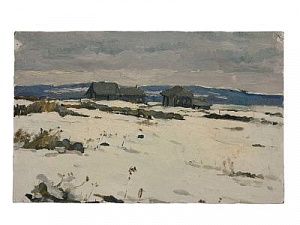 (П) Балдина Ирина Михайловна (1922-2009) - Снег выпал. 1959 г. Картон, масло. 20,5 х 34 см ...