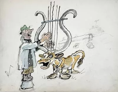 (П) [Без резерва] Гальба Владимир Александрович (1908–1984) Эскиз иллюстрации для плаката "Ты удвой, моя коровушка, удой". 1979 г.