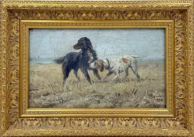 (П) Неизвестный художник - Сеттеры на охоте. 1912 г. Холст, масло. 19,5 х 32 см Подпись и ...