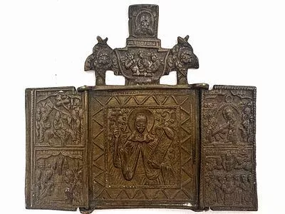 (М) Икона Пресвятая Богородица. Трехчастная. Медь, 10 х 9 см