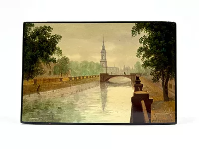 (П) Шкатулка "Крюков канал". Федоскино, 1960 г. Роспись Борисов А. А.