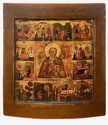(М) Икона "Святитель Николай Чудотворец", с 12 клеймами жития" Середина XVII в. Центральная ...