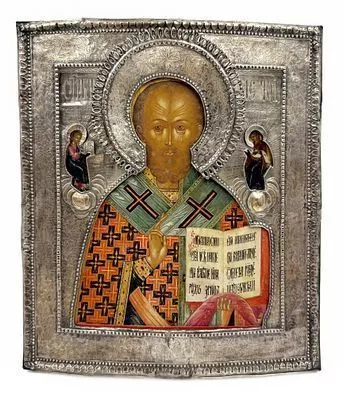 (П) Икона Николай Чудотворец в серебряном окладе. Вторая половина XVIII в. Дерево, левкас, ...