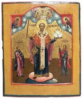 (М) Икона "Святитель Николай Можайский". Конец XVIII в. Палех. Дерево, левкас, темпера. 32 х ...
