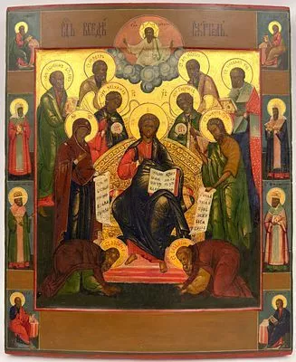 (П) Икона. Спас на троне. Ярославская школа. Первая половина XIX в. Дерево, левкас, позолота. ...