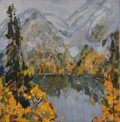 (П) Тимков Николай Ефимович (1912 - 1993) - Горное озеро, 1960 г. Картон, масло. 40 х 40 см ...