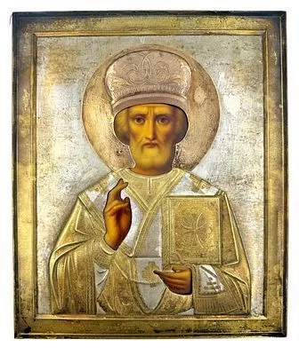 (П) Икона "Николай Чудотворец" в серебряном окладе. XIX в. Доска, масло. Серебро (84 проба). 27 ...