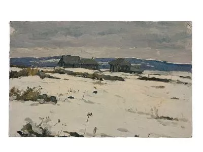 (П) Балдина Ирина Михайловна (1922-2009) - Снег выпал. 1959 г. Картон, масло. 20,5 х 34 см ...