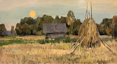 (П) Татаринов Герман Алексеевич (1925 – 2006) - Стожки. 1970 г. Картон, масло 27 х 49,5 см ...