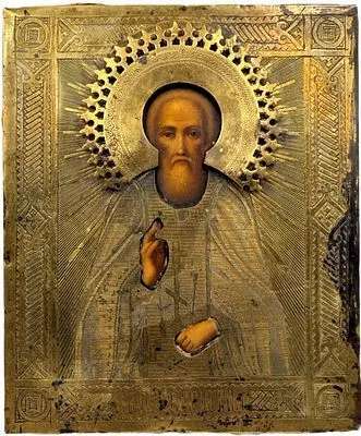 (П) Икона Николай Чудотворец в медном окладе. Начало XX в. Дерево, темпера, медь 11 х 13 см
