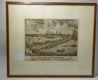 (П) Неизвестный художник - Исаакиевский мост. Набережная в Петербурге. XIX в. Бумага, гравюра, ...