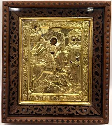 (П) Икона «Георгий Победоносец», серебро, 84 проба. середина XIX в. Дерево, левкас, серебряный ...