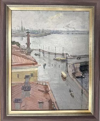 (П) Литвинский Петр Петрович (1927 - 2009) - Дождь. Вид на стрелку Васильевского острова. 1957 ...