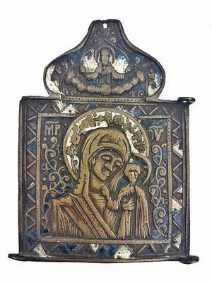 (М) Икона Богородица с младенцем. Медь, эмаль. 10,6 х 7,5 см