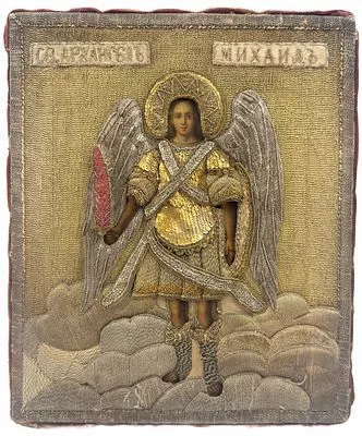 (П) Икона "Святой Архангел Михаил" с огненным мечом, конец XVIII в. Дерево, темпера шитье ...