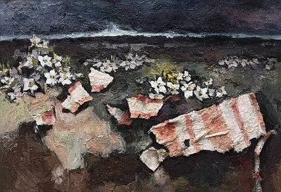 (М) Рабин Оскар Яковлевич (1928 - 2018) - Розовые тряпки и цветы. 2003 г.Холст, масло, коллаж. ...