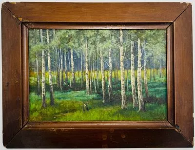 (М) Неизвестный художник - Березовая роща. XX в. Доска, масло 26 х 17,5 см