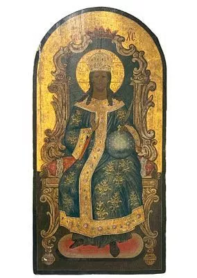 (П) [Большой размер] Спас на троне, XIX в. Дерево, левкас, темпера, золочение. 143 х 72 см