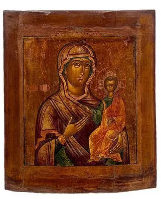 (П) Икона Смоленская Богородица, XIX в. Дерево, темпера, левкас 36 х 32,5 х 2,5 см