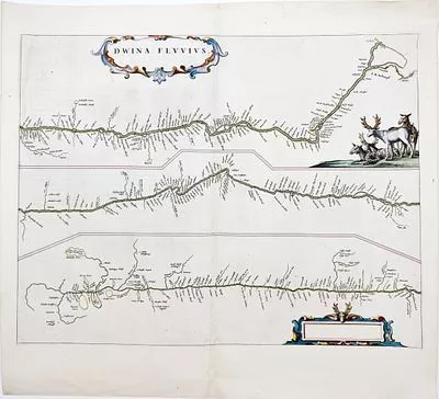 (П) Блау Ян - Новые реки Двины [Dwina Fluvius]. 1680 г. Бумага, гравюра на меди, ручная ...