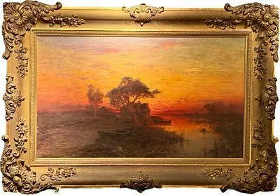 (П) [Приписывается] Клевер Юлий Юльевич (1850-1924) - Пейзаж на закате с лодкой, 1915 г. Холст, ...