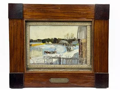(П) Лев Авксентьевич Овчинников (1926 - 2003) - Зимний пейзаж. Сер. XX в. Картон, масло. 23 х ...