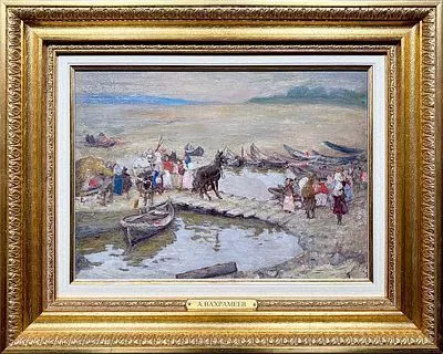 (М) Вахрамеев Александр Иванович (1874-1926) - Переправа на Волге. Холст на картоне, масло. 21 ...
