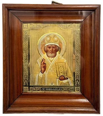 (П) Икона Николай Чудотворец в киоте. Конец XIX в. Оклад изготовлен в мастерской Карпа Захарова ...