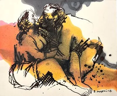(П) Михайлов Вячеслав Саввич (1945 г.р.) - Художник и модель. 2000-е г. Бумага, гусиное перо, ...